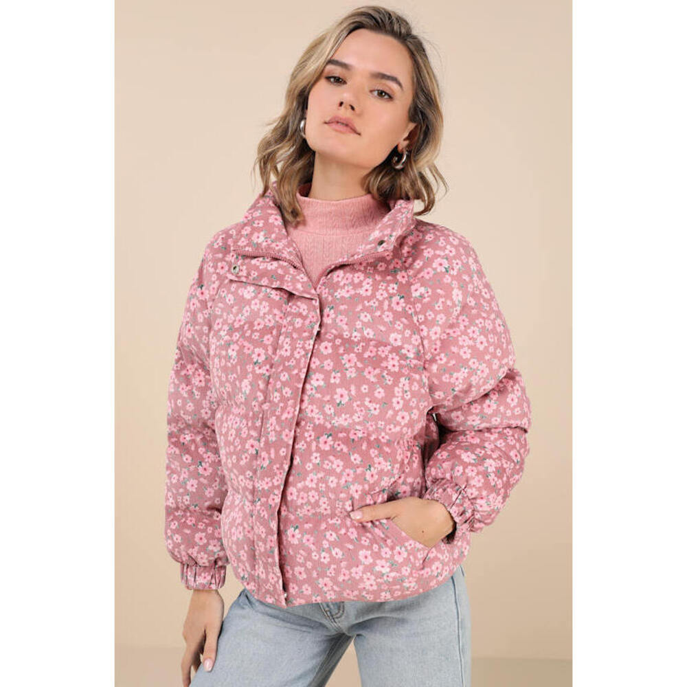 Lulus Calli Pink Floral Corduroy Puffer Jacket - Size XS